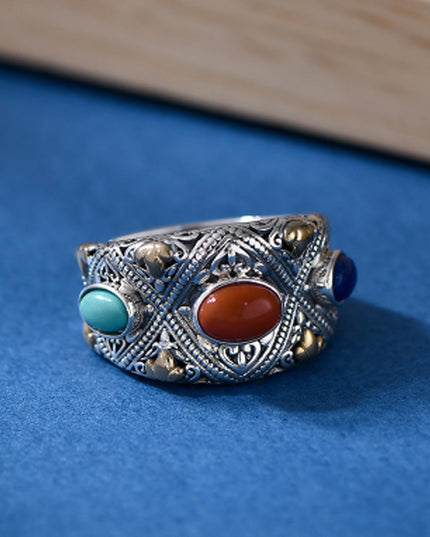 Prosperity Gemstone Guardian Ring – Carnelian, Turquoise, Lapis in Silver