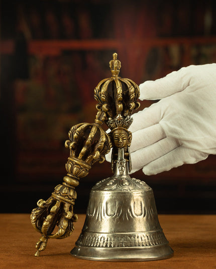 19th Century Tibetan Ritual Bell and Vajra - Copper 9-Prong Thunderbolt Protection Bell