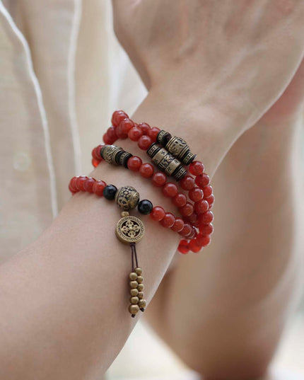 Health Energy Red Carnelian Agate and Obsidian Mala Necklace