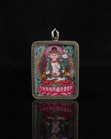 Mahasthamaprapta Tibetan Thangka Pendant with the Eight Auspicious Tibetan Signs Shell