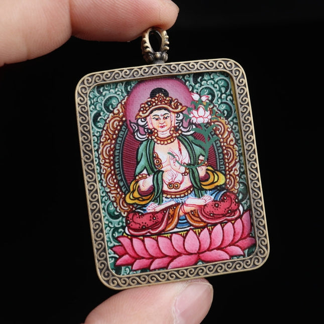 Mahasthamaprapta Tibetan Thangka Pendant with the Eight Auspicious Tibetan Signs Shell