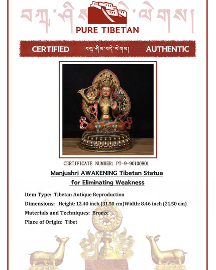 Manjushri AWAKENING Tibetan Statue for Eliminating Weakness