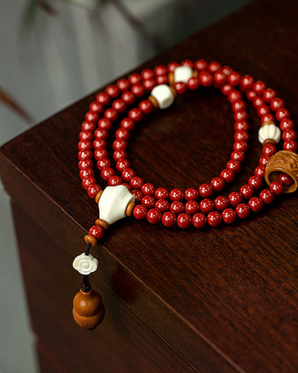 Imperial Cinnabar 108 Mala – Wrap Bracelet & Necklace with Mammoth Ivory Guru Bead