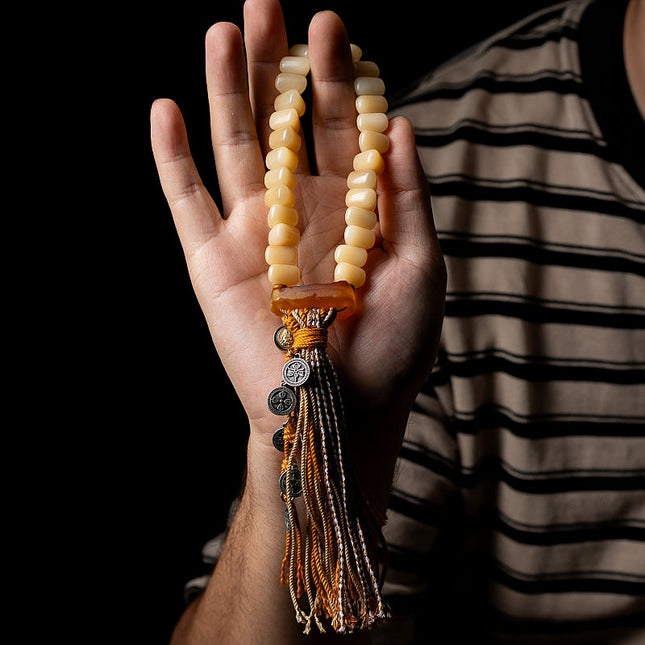 Handcrafted Camel Bone Prayer Bead Bracelet – Intricate Carving and Symbol of Good Fortune
