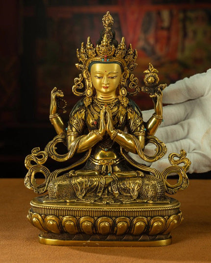 19th Century Four-armed Sadaksari Avalokitesvara Old Bronze Gilt Antigue Buddha Statue From Mindrolling Monastery