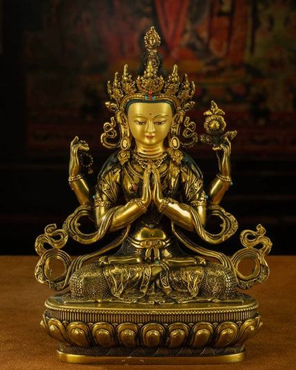 19th Century Four-armed Sadaksari Avalokitesvara Old Bronze Gilt Antigue Buddha Statue From Mindrolling Monastery
