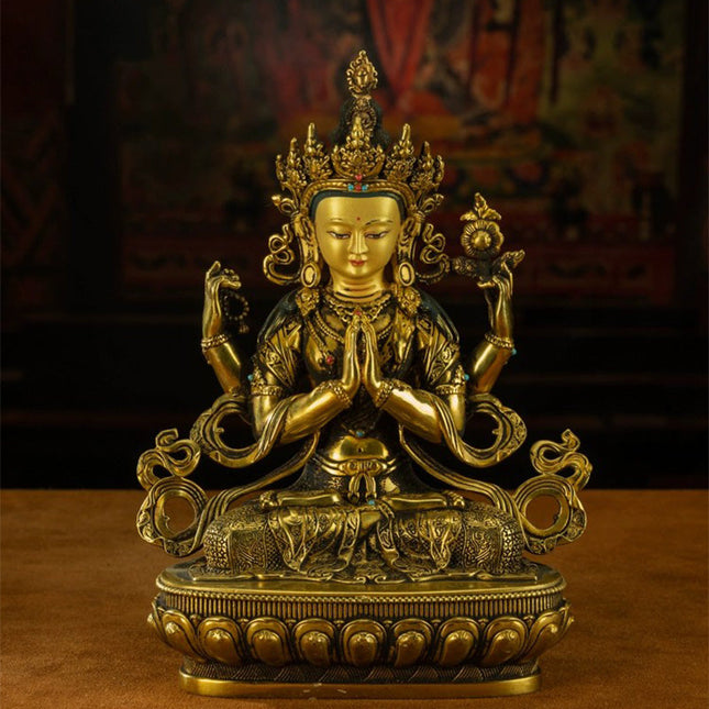 19th Century Four-armed Sadaksari Avalokitesvara Old Bronze Gilt Antigue Buddha Statue From Mindrolling Monastery