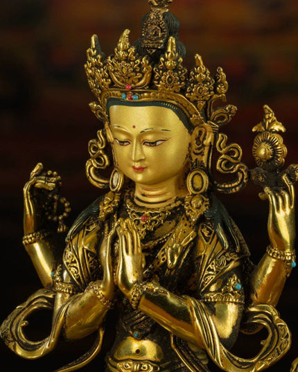 19th Century Four-armed Sadaksari Avalokitesvara Old Bronze Gilt Antigue Buddha Statue From Mindrolling Monastery