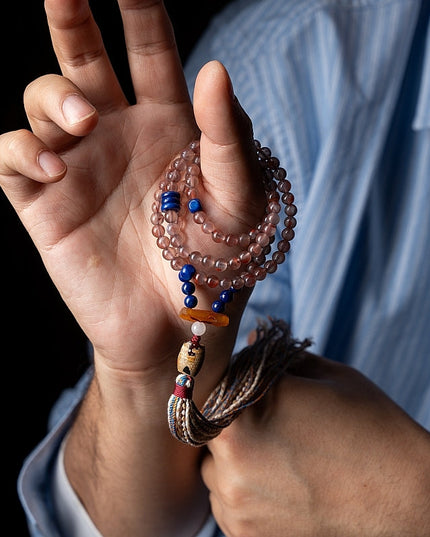 South Red Agate 108 Mala Necklace & Bracelet – Himalayan Spiritual Talisman with Lapis Lazuli Accents