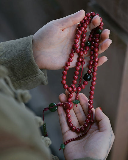 Natural Cinnabar Mala Necklace – Nephrite Talisman with Handcrafted Design
