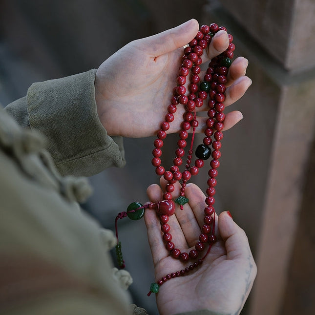 Natural Cinnabar Mala Necklace – Nephrite Talisman with Handcrafted Design