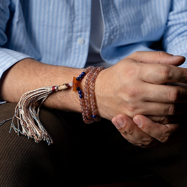 South Red Agate 108 Mala Necklace & Bracelet – Himalayan Spiritual Talisman with Lapis Lazuli Accents