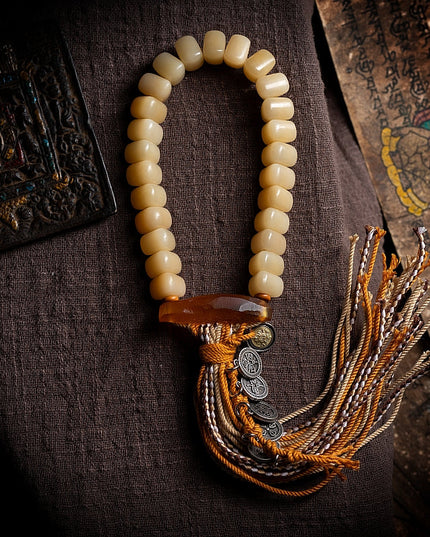 Handcrafted Camel Bone Prayer Bead Bracelet – Intricate Carving and Symbol of Good Fortune
