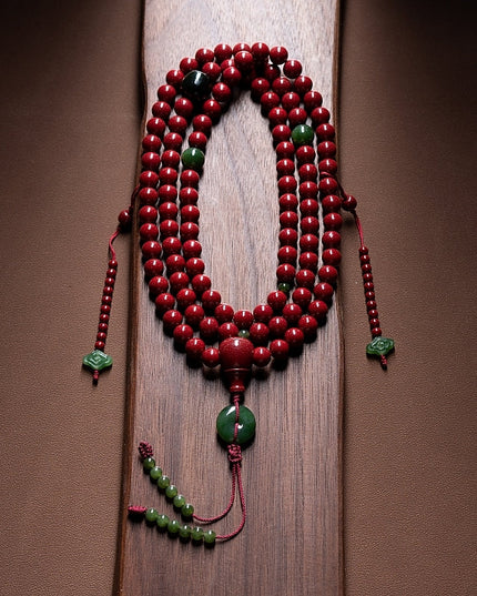 Natural Cinnabar Mala Necklace – Nephrite Talisman with Handcrafted Design