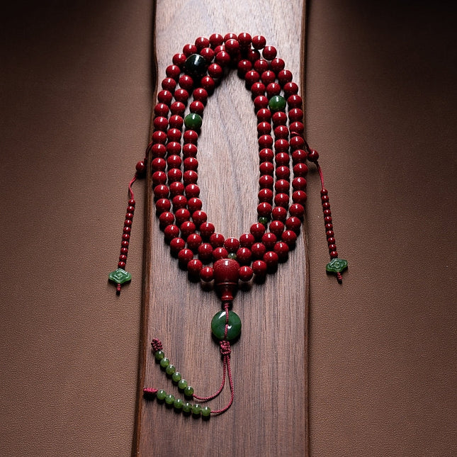 Natural Cinnabar Mala Necklace – Nephrite Talisman with Handcrafted Design