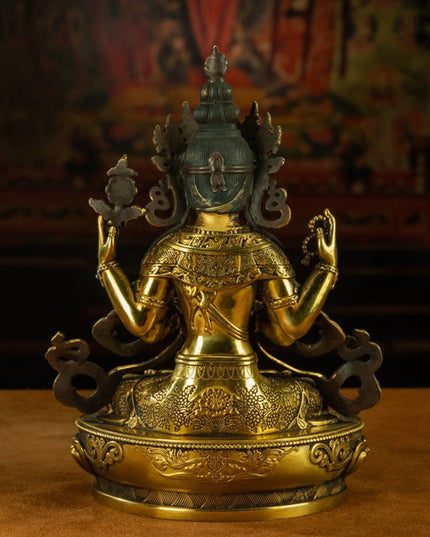 19th Century Four-armed Sadaksari Avalokitesvara Old Bronze Gilt Antigue Buddha Statue From Mindrolling Monastery