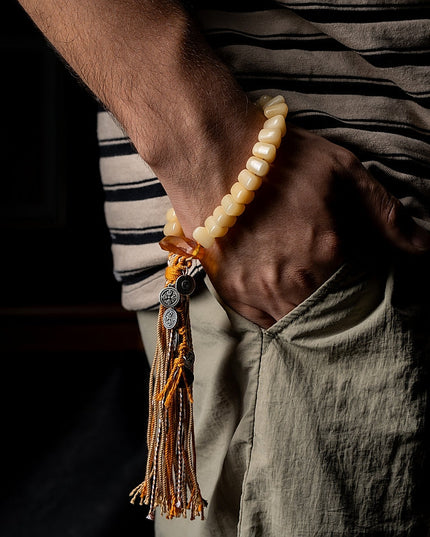 Handcrafted Camel Bone Prayer Bead Bracelet – Intricate Carving and Symbol of Good Fortune