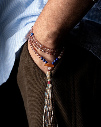 South Red Agate 108 Mala Necklace & Bracelet – Himalayan Spiritual Talisman with Lapis Lazuli Accents