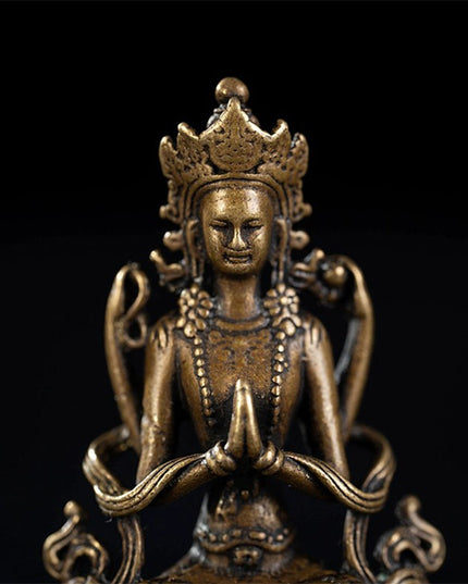 Qing Dynasty Inch Buddha Four-Armed Guanyin Old Tibetan Antique Statue Yellow Lima Copper From Ganden Monastery