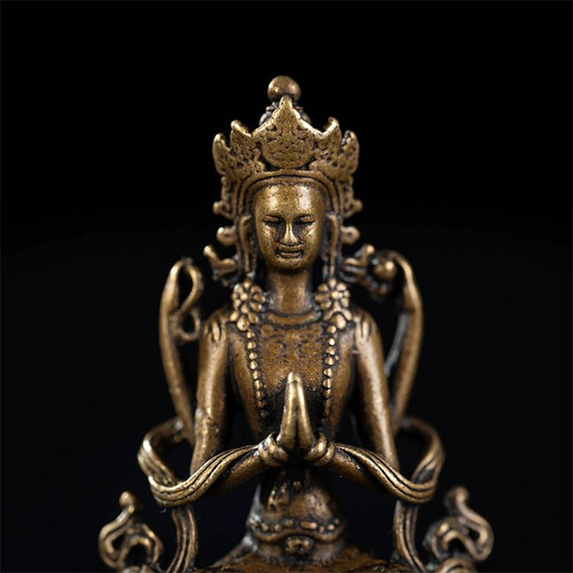 Qing Dynasty Inch Buddha Four-Armed Guanyin Old Tibetan Antique Statue Yellow Lima Copper From Ganden Monastery