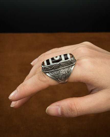 Three-Eye Dzi Bead Wealth Ring – Spiritual Blessing and Prosperity Protection