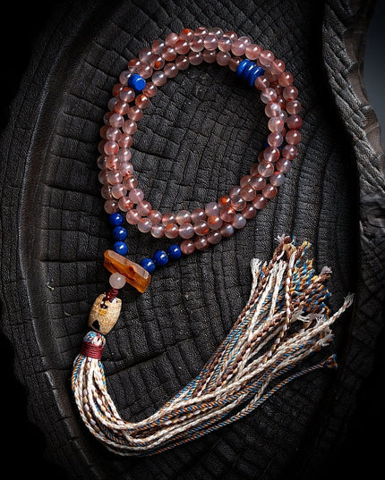 South Red Agate 108 Mala Necklace & Bracelet – Himalayan Spiritual Talisman with Lapis Lazuli Accents
