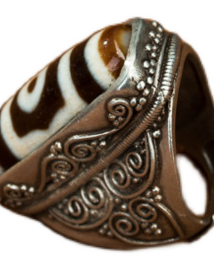 Three-Eye Dzi Bead Wealth Ring – Spiritual Blessing and Prosperity Protection