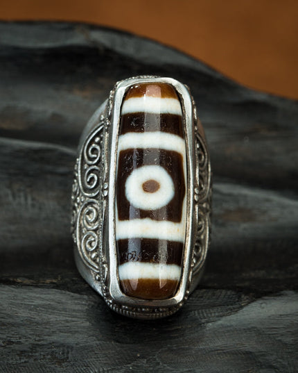 Three-Eye Dzi Bead Wealth Ring – Spiritual Blessing and Prosperity Protection