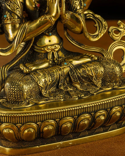 19th Century Four-armed Sadaksari Avalokitesvara Old Bronze Gilt Antigue Buddha Statue From Mindrolling Monastery