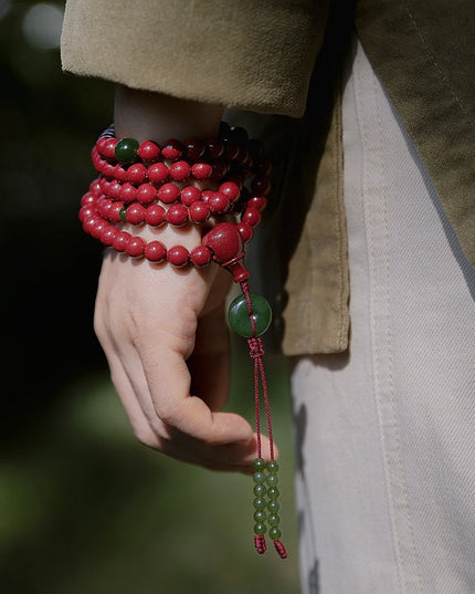Natural Cinnabar Mala Necklace – Nephrite Talisman with Handcrafted Design