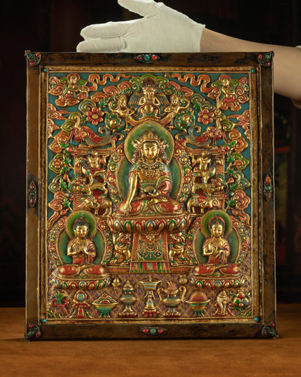 Radiance of Compassion – 19th Century Gilt Copper Jowo Buddha Wall Thangka