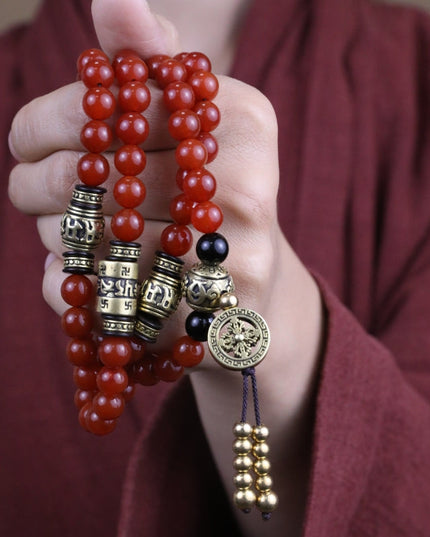 Health Energy Red Carnelian Agate and Obsidian Mala Necklace