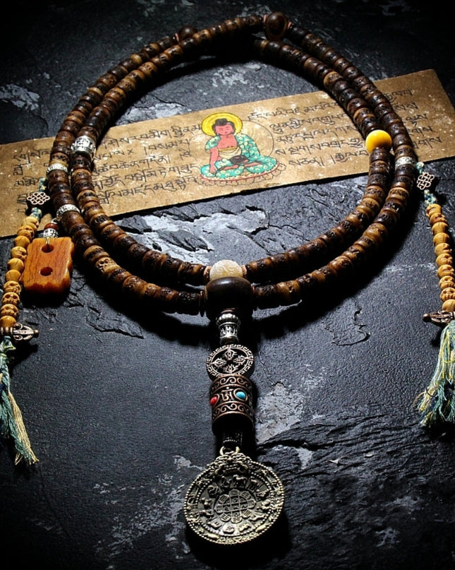 Sacred Guardian Handcrafted 108 Mala Beads - Silver & Yak Bone Talisman