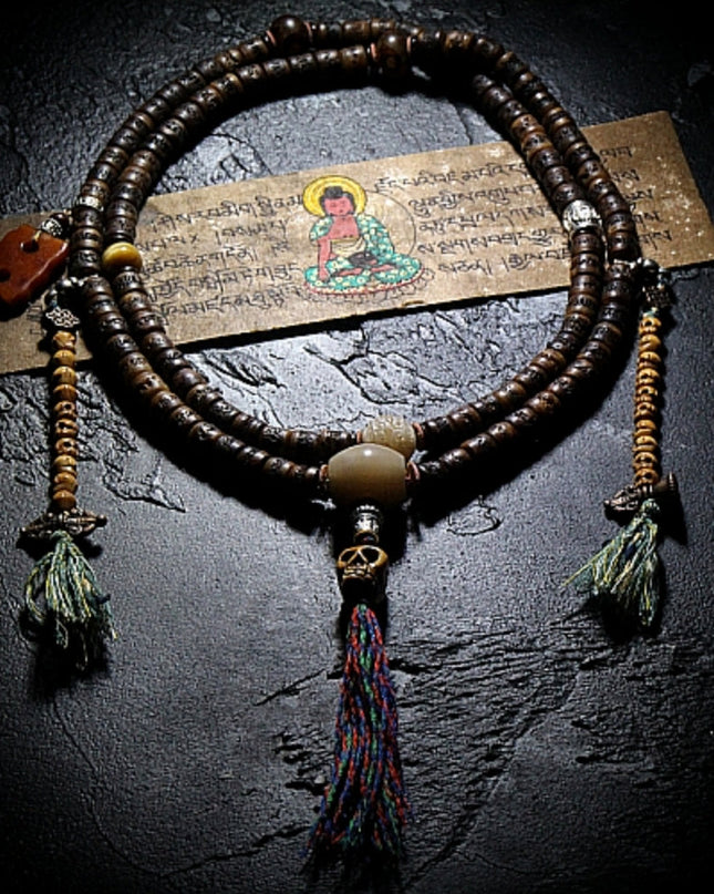 Sacred Guardian Handcrafted 108 Mala Beads - Silver & Yak Bone Talisman