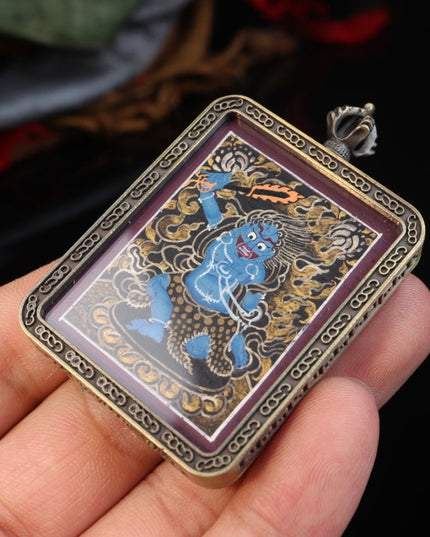 Zodiac Rooster - Hand-Painted Acala Vidyārāja Thangka Pendant - One of the Eight Zodiac Guardian Buddhas