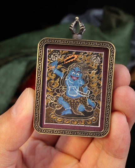 Zodiac Rooster - Hand-Painted Acala Vidyārāja Thangka Pendant - One of the Eight Zodiac Guardian Buddhas