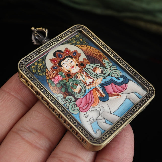 Zodiac Dragon & Snake - Exquisitely Hand Painted Samantabhadra Bodhisattva Thangka Pendant