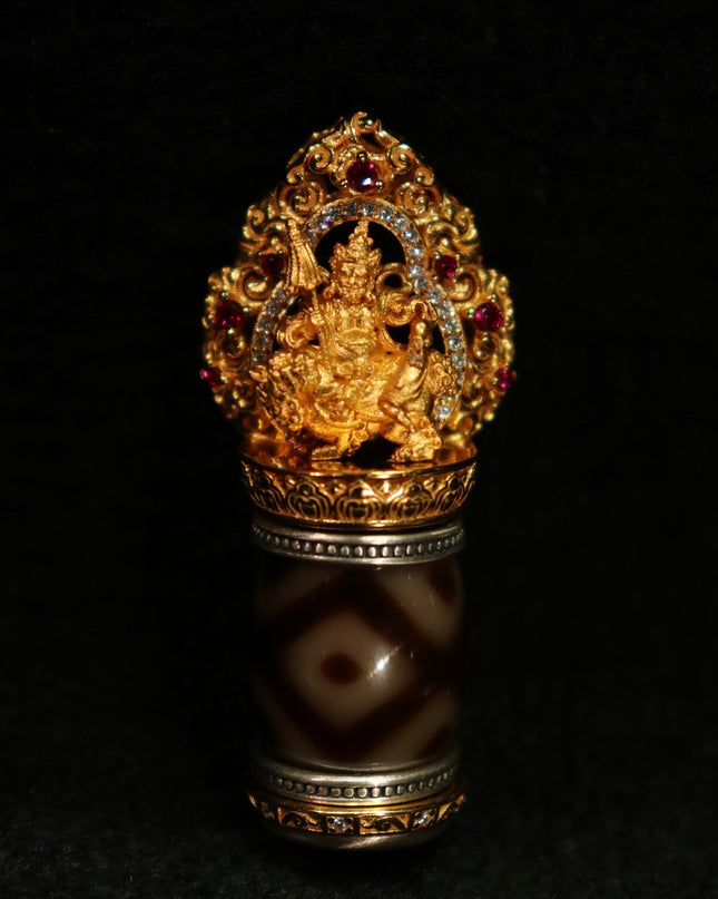 Sacred Wealth Energy Pendant – Dzi Beads with Gilded Buddha for Prosperity