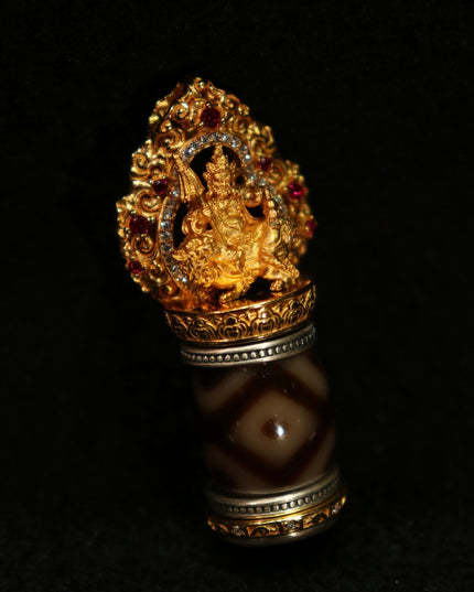 Sacred Wealth Energy Pendant – Dzi Beads with Gilded Buddha for Prosperity