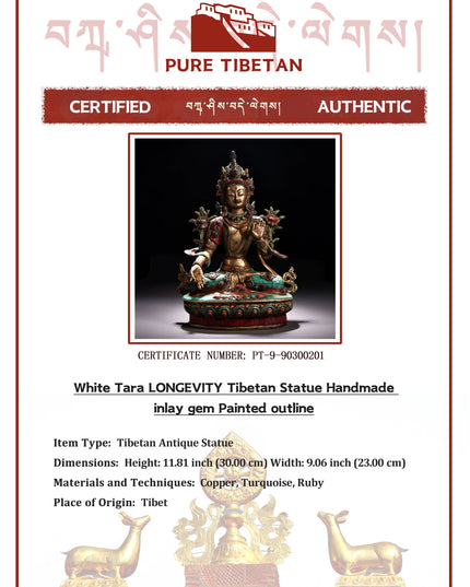 White Tara LONGEVITY Tibetan Statue Handmade inlay gem Painted outline