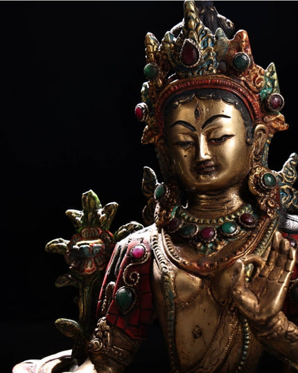 White Tara LONGEVITY Tibetan Statue Handmade inlay gem Painted outline