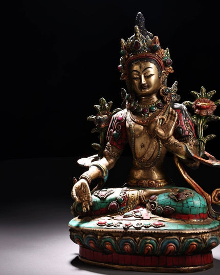 White Tara LONGEVITY Tibetan Statue Handmade inlay gem Painted outline