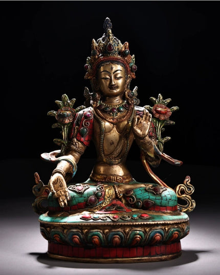White Tara LONGEVITY Tibetan Statue Handmade inlay gem Painted outline