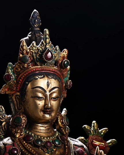 White Tara LONGEVITY Tibetan Statue Handmade inlay gem Painted outline