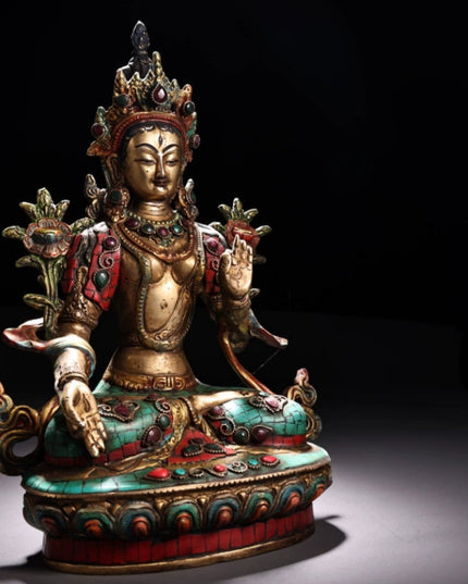 White Tara LONGEVITY Tibetan Statue Handmade inlay gem Painted outline