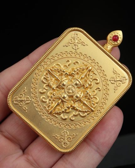 Yellow Jambhala and Prajnaparamita Eye Tibetan Thangka Pendant