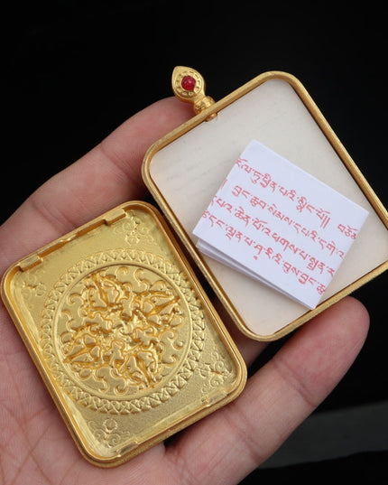 Yellow Jambhala and Prajnaparamita Eye Tibetan Thangka Pendant