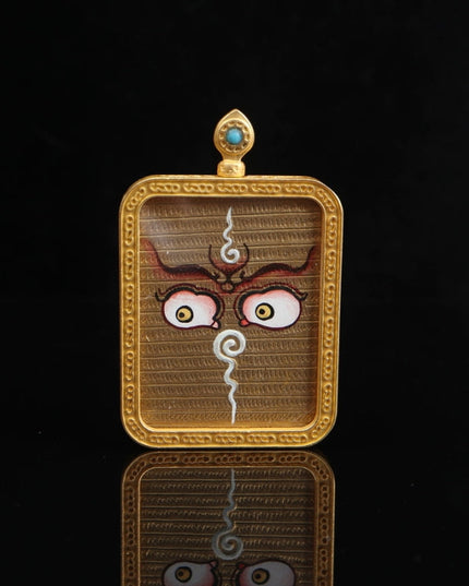 Yellow Jambhala and Prajnaparamita Eye Tibetan Thangka Pendant