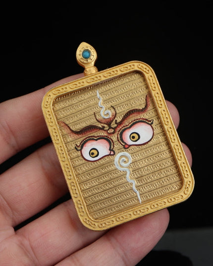 Yellow Jambhala and Prajnaparamita Eye Tibetan Thangka Pendant