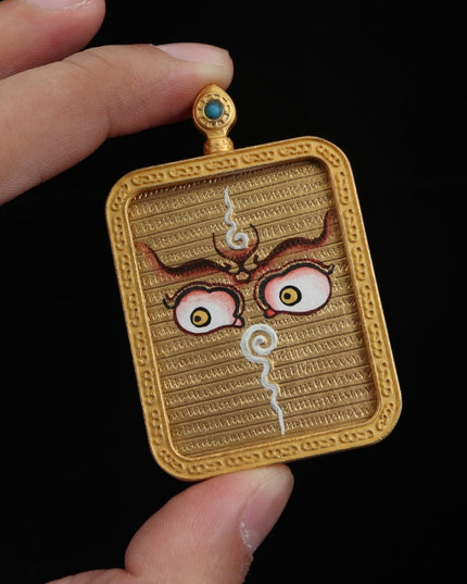 Yellow Jambhala and Prajnaparamita Eye Tibetan Thangka Pendant